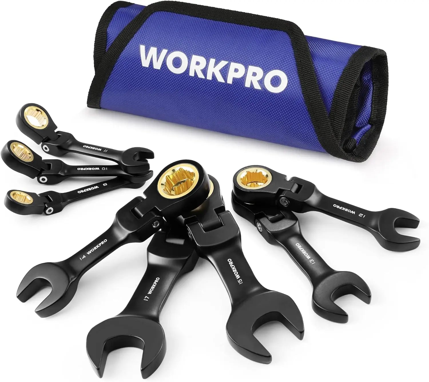 8-Piece Stubby Anti-slip Ratcheting Wrench Set, Metric 8-17mm, 72-Teeth, Flexible Head with Rolling Pouch