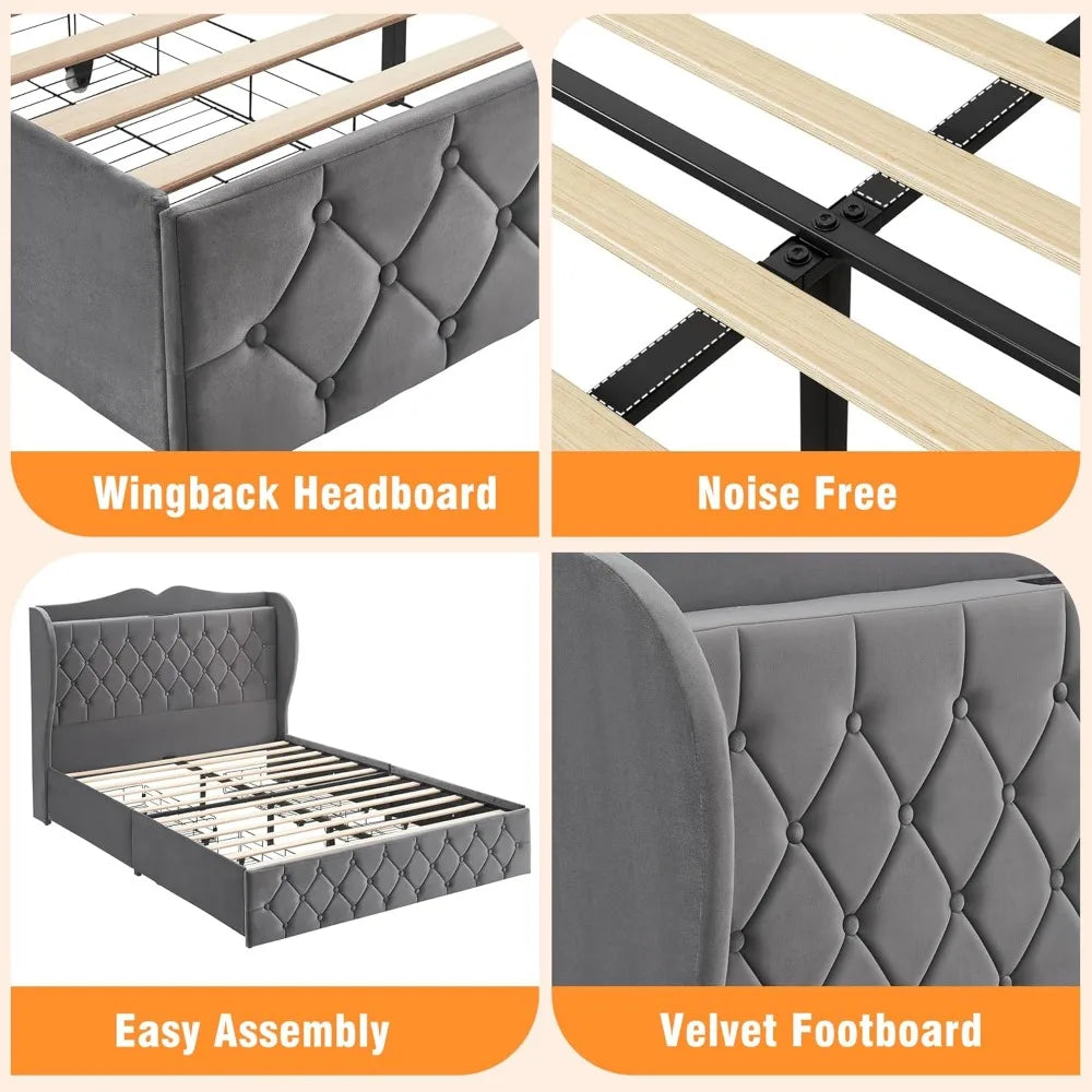 King Size Bed Frame, 4 Storage Drawers, Charging Station