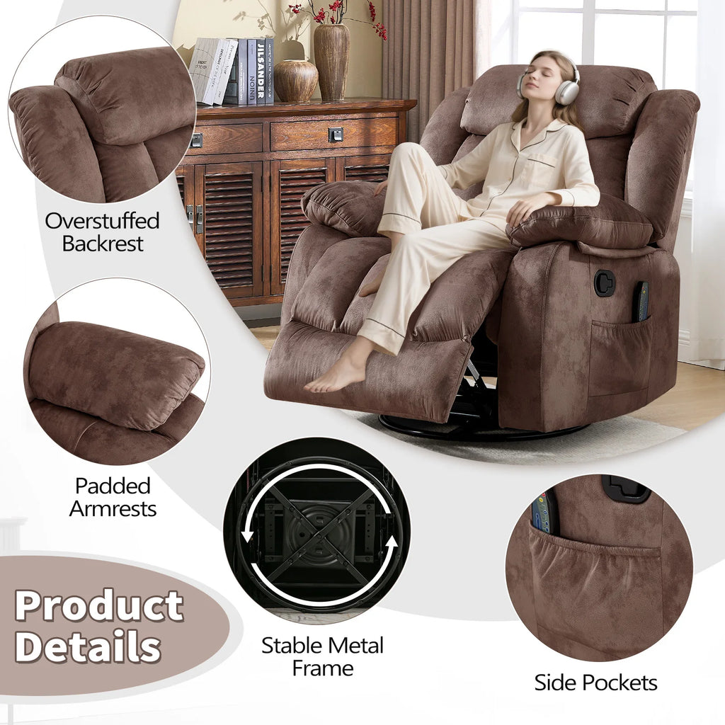 Massage Rocker Recliner with Heat and Vibration, 360 Degree Swivel Manual Antiskid Fabric Single Sofa Heavy Duty Reclining Chair