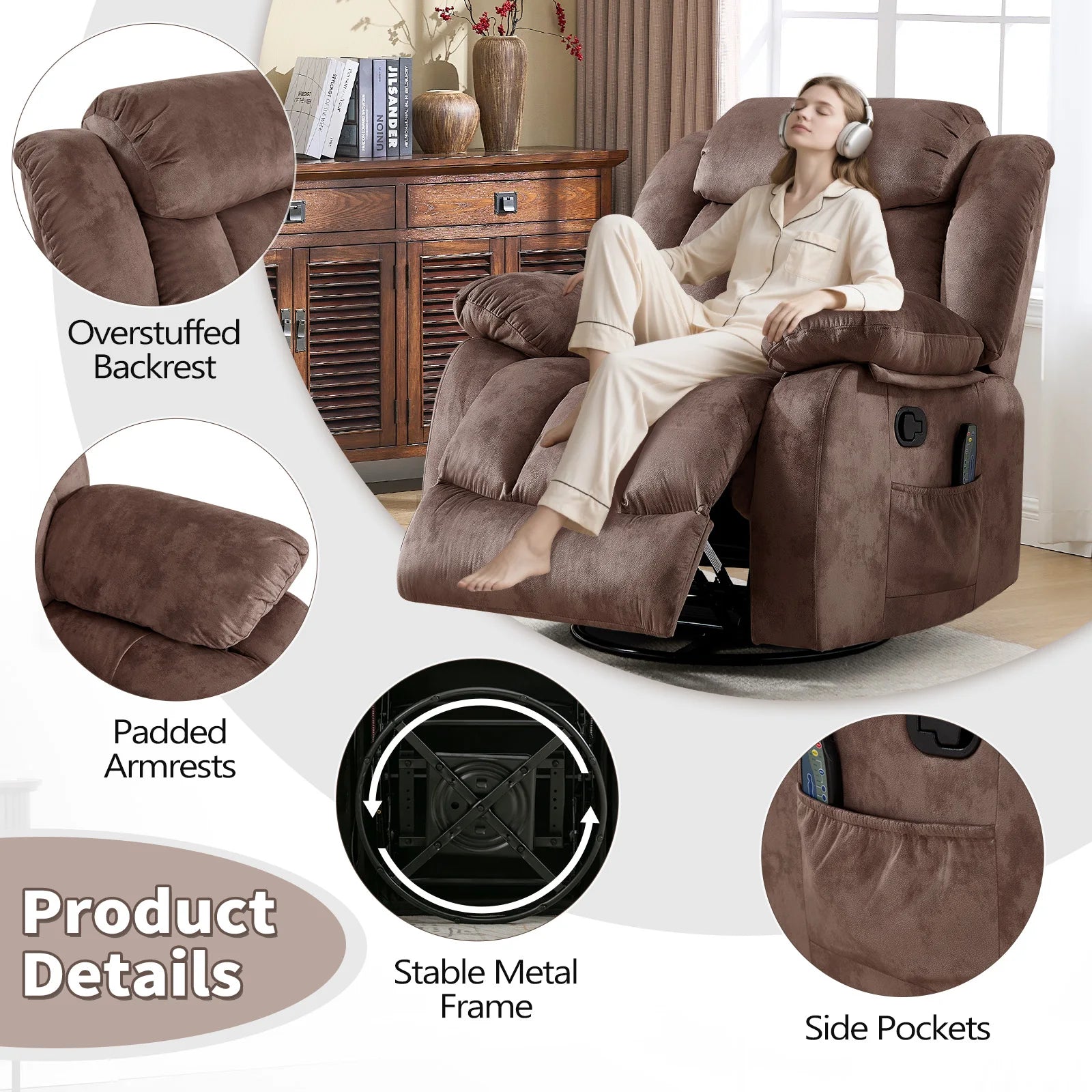 Massage Rocker Recliner with Heat and Vibration, 360 Degree Swivel Manual Antiskid Fabric Single Sofa Heavy Duty Reclining Chair