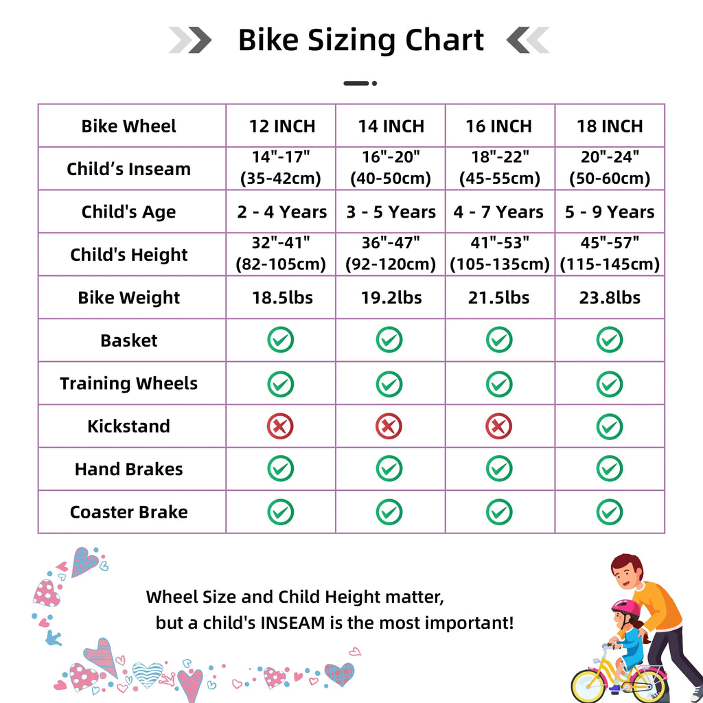 Colorful Girls Bike with Basket & Training Wheels 12 14 16 18 Inch Kids Bike Foot Brake