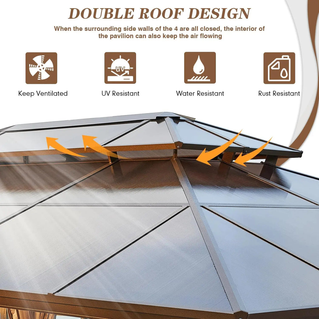 12' x 16' Gazebo Polycarbonate Double Roof Canopy Outdoor Aluminum Frame Pergola