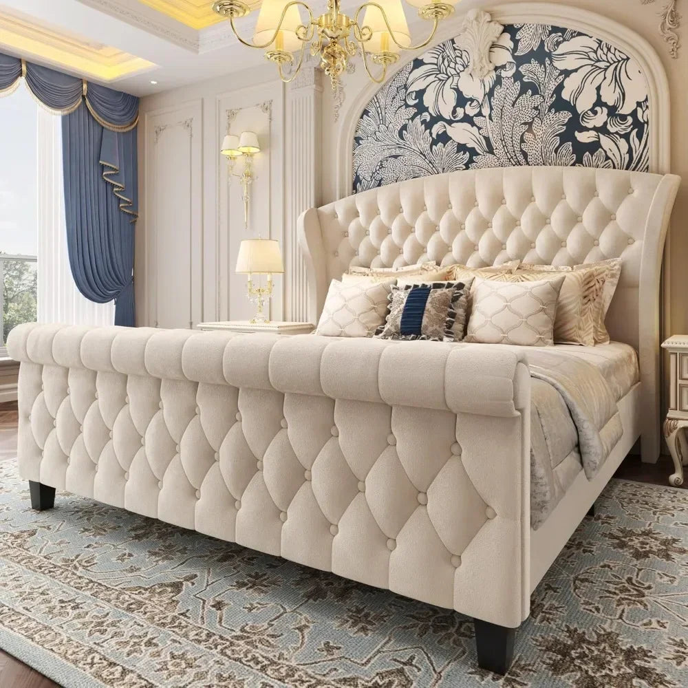 Queen Platform Bed Frame, 52.5" Tall Velvet Upholstered Sleigh Bed with Scroll Wingback Headboard & Footboard