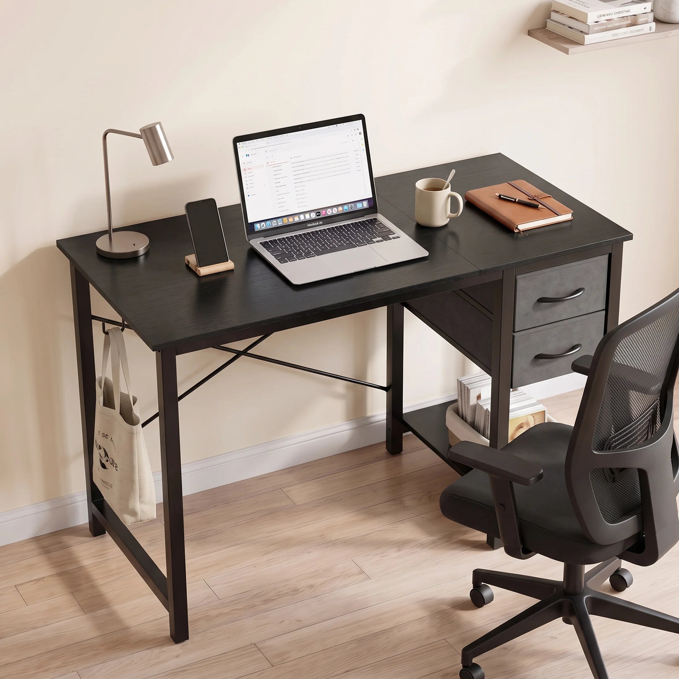 40 Inch Standing Office Computer Desk with Drawers and Side Hook  X‑Frame Stability For Home Office Small Space