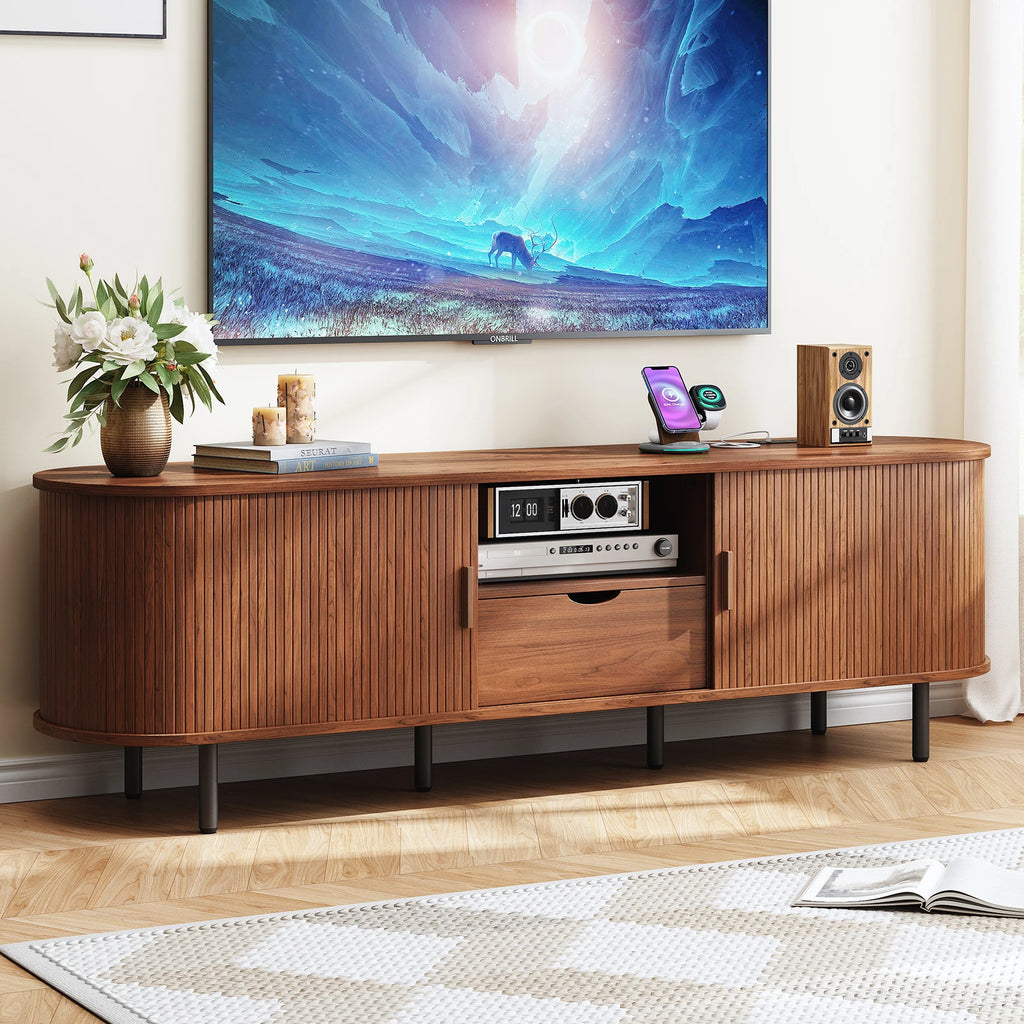 69" TV Stand w/ Power Outlet for TVs up to 80", Entertainment Center w/ Storage & Drawer, TV Console w/ Adjustable Shelves