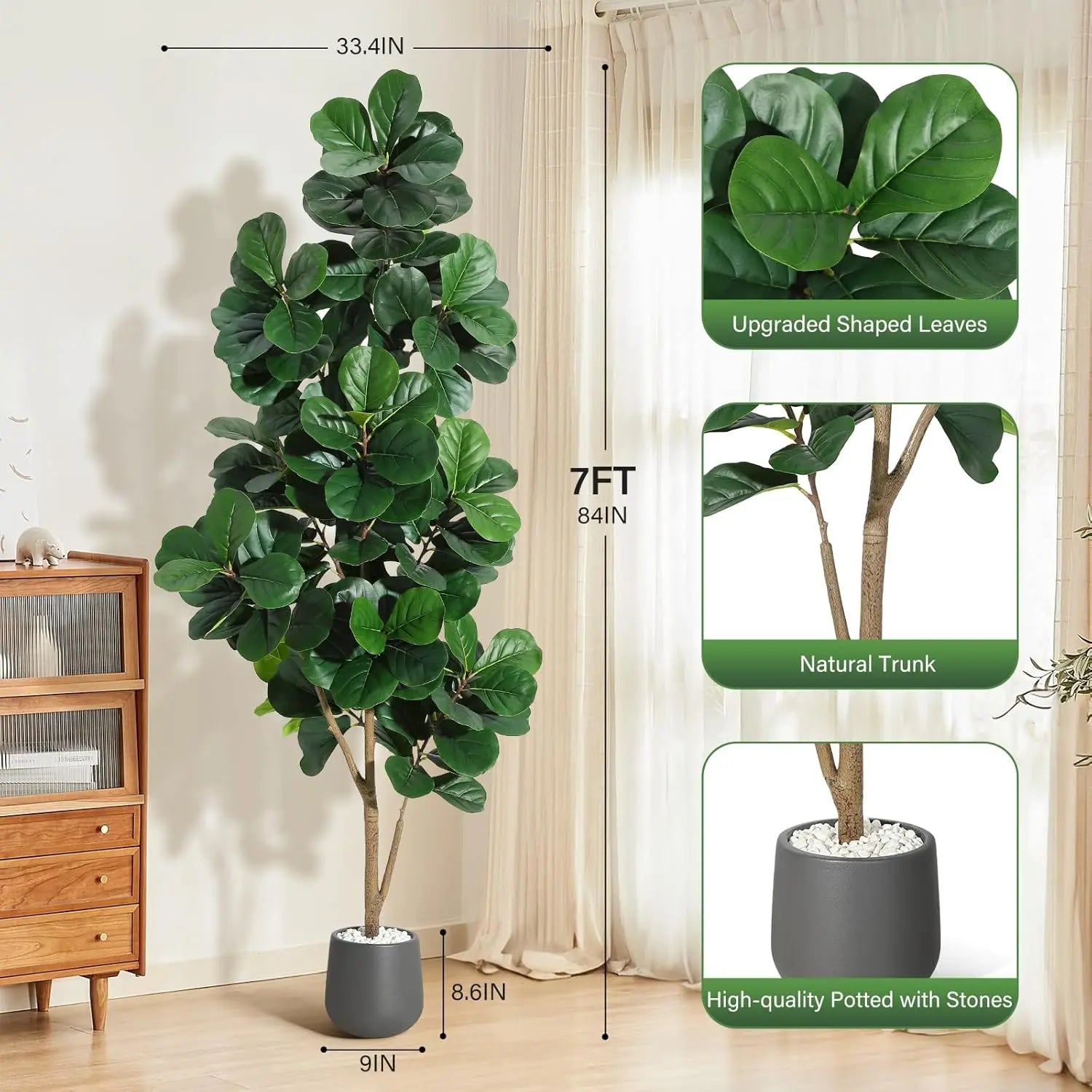 4FT/5FT/6FT/7FT Fiddle Leaf Fig Tree Artificial with Leaves, Realistic Faux Ficus