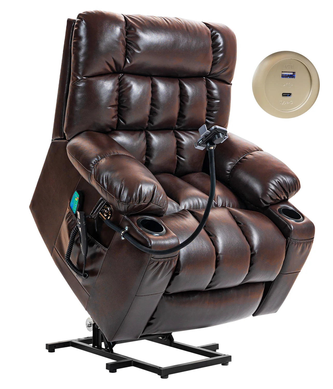 Leather Heated Lift Recliner Chair with Dual Motor, Massage, Cup Holder, Wireless Charging, USB