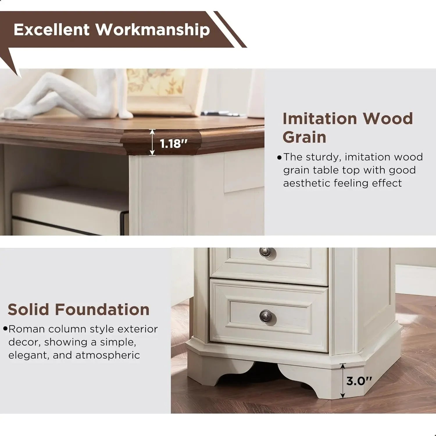 Farmhouse Nightstand Set of 2 with Charging Station, 18" End Table with 2 Drawers