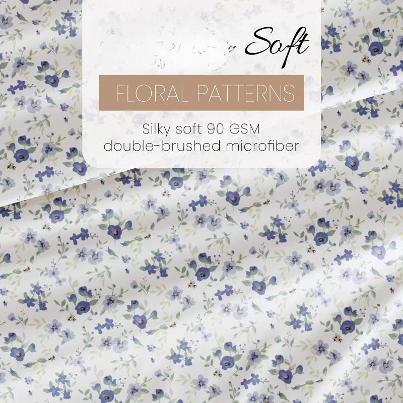 4 Piece Queen Sheet Set (Light Blue Floral) - Ultra-Soft & Cooling Bed Sheets