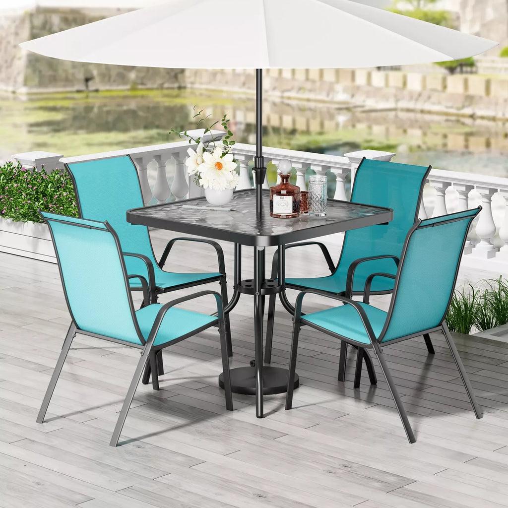 All Weather Outdoor Furniture W/ 30"x30" Table and 4 Stackable Chairs