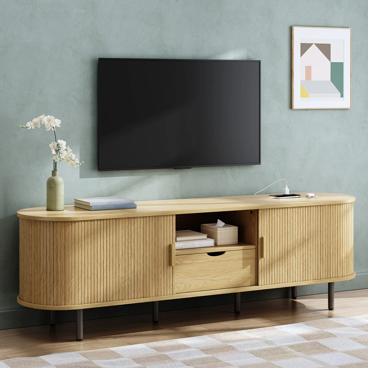 69" TV Stand w/ Power Outlet for TVs up to 80", Entertainment Center w/ Storage & Drawer, TV Console w/ Adjustable Shelves