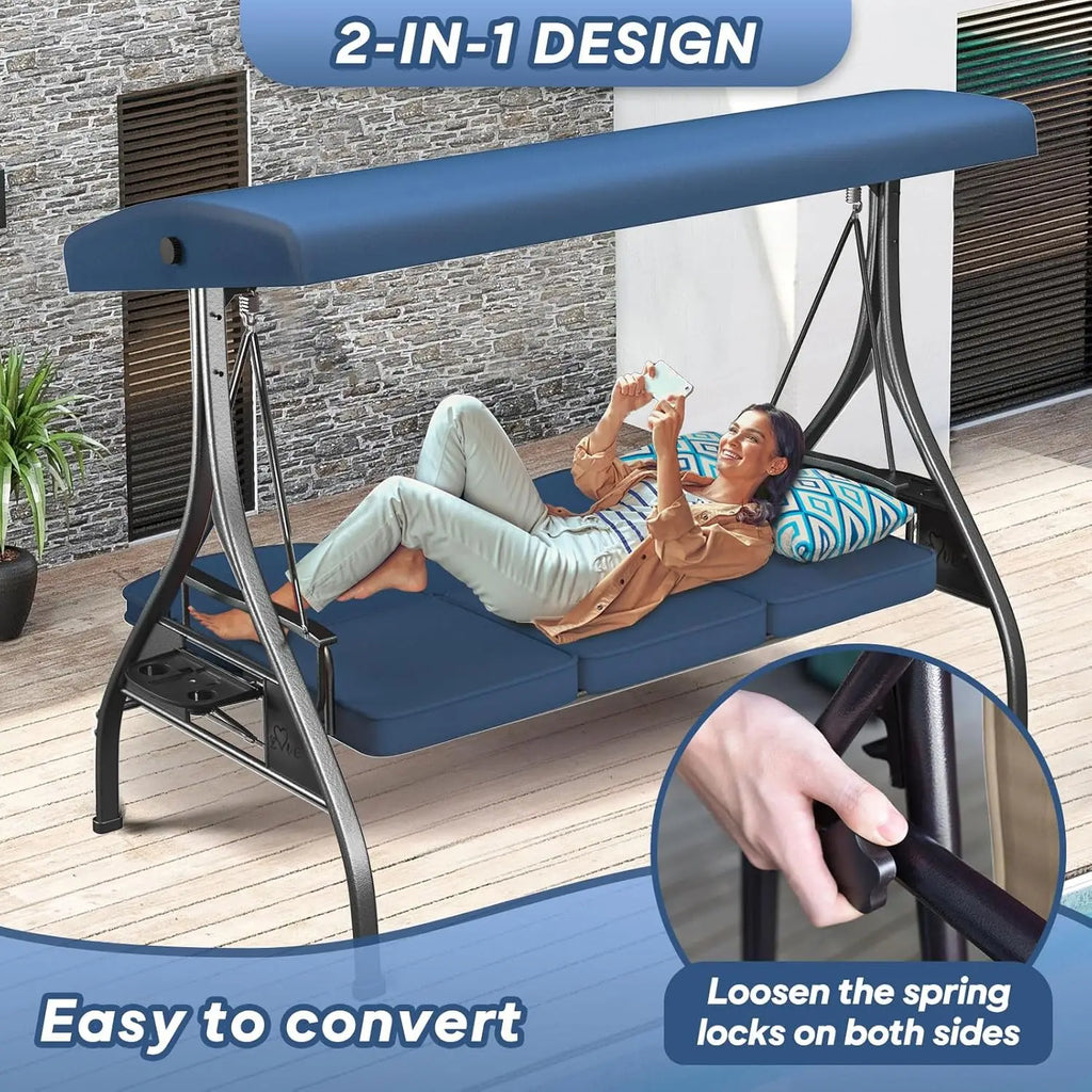 3 Seat Outdoor Porch Patio Swing with Stand 800lbs, 2-in-1 Convertible Swing Bed