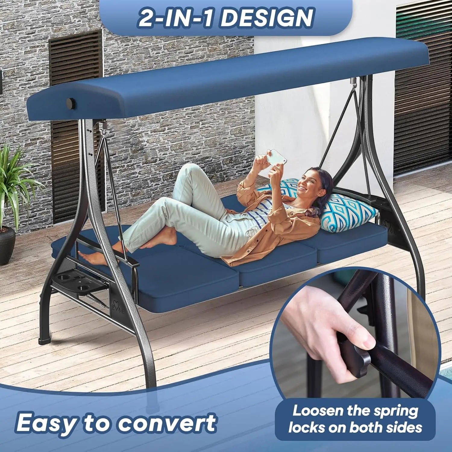 3 Seat Outdoor Porch Patio Swing with Stand 800lbs, 2-in-1 Convertible Swing Bed