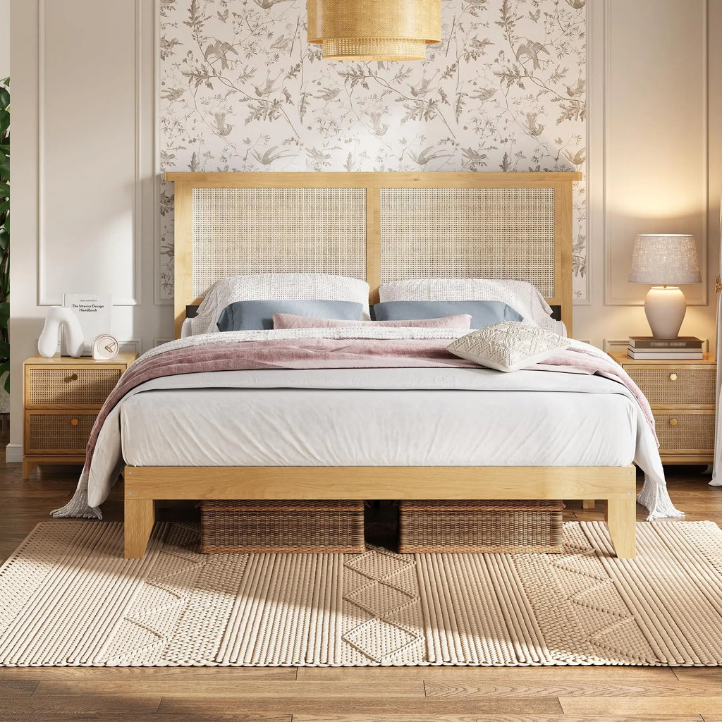 Boho Style Rattan Bed Frame with Natural Headboard & RGB LED Lights - Storage Headboard, Plain Wood Platform, Noise-Free Slats, No Box Spring Needed
