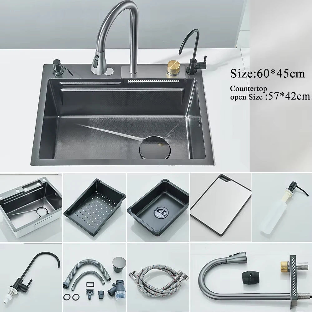 304 Stainless Steel Waterfall Kitchen Sink Large Single Slot