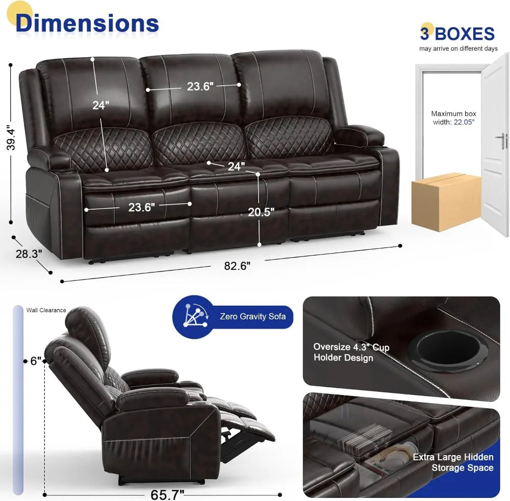 3 Seater Recliner Sofa with Liftable Console, USB Ports & Cup Holders