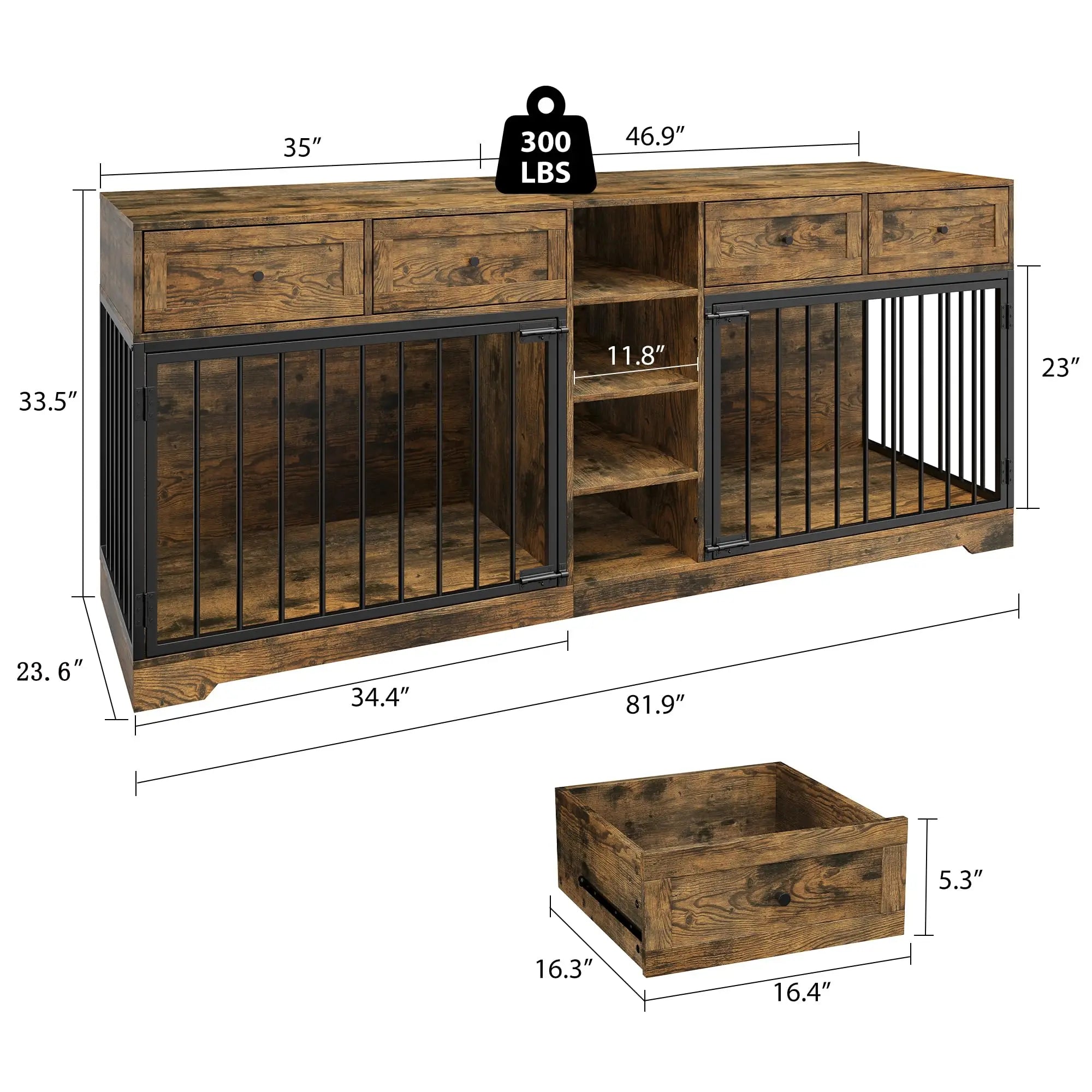 82'' Large Double Dog Crate TV Stand With 4 Drawers, Shelves