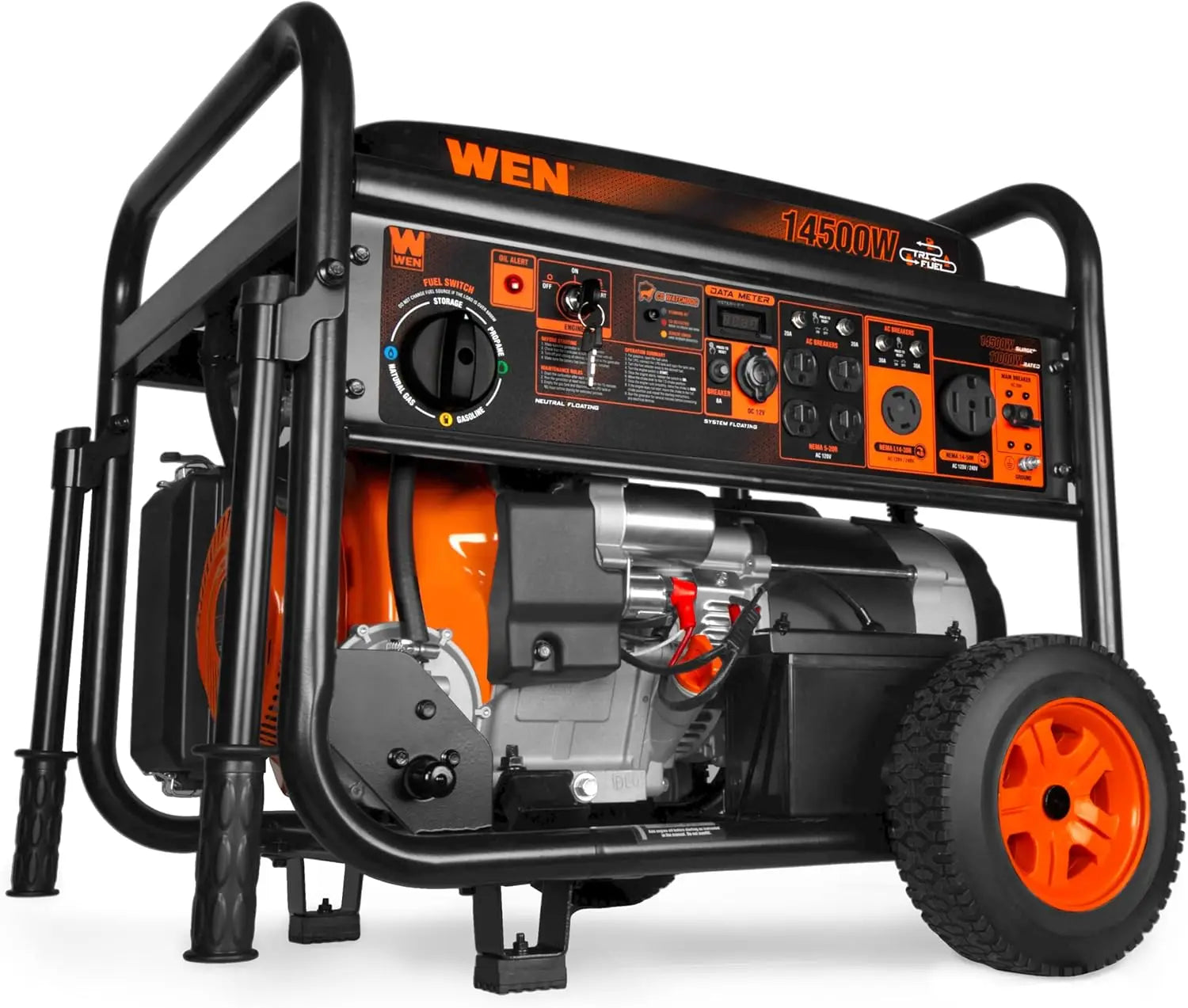 Tri-Fuel Generator 14500W Electric Start with CO Sensor & Wheel Kit, Transfer-Switch Ready for Gas/Propane/Natural Gas
