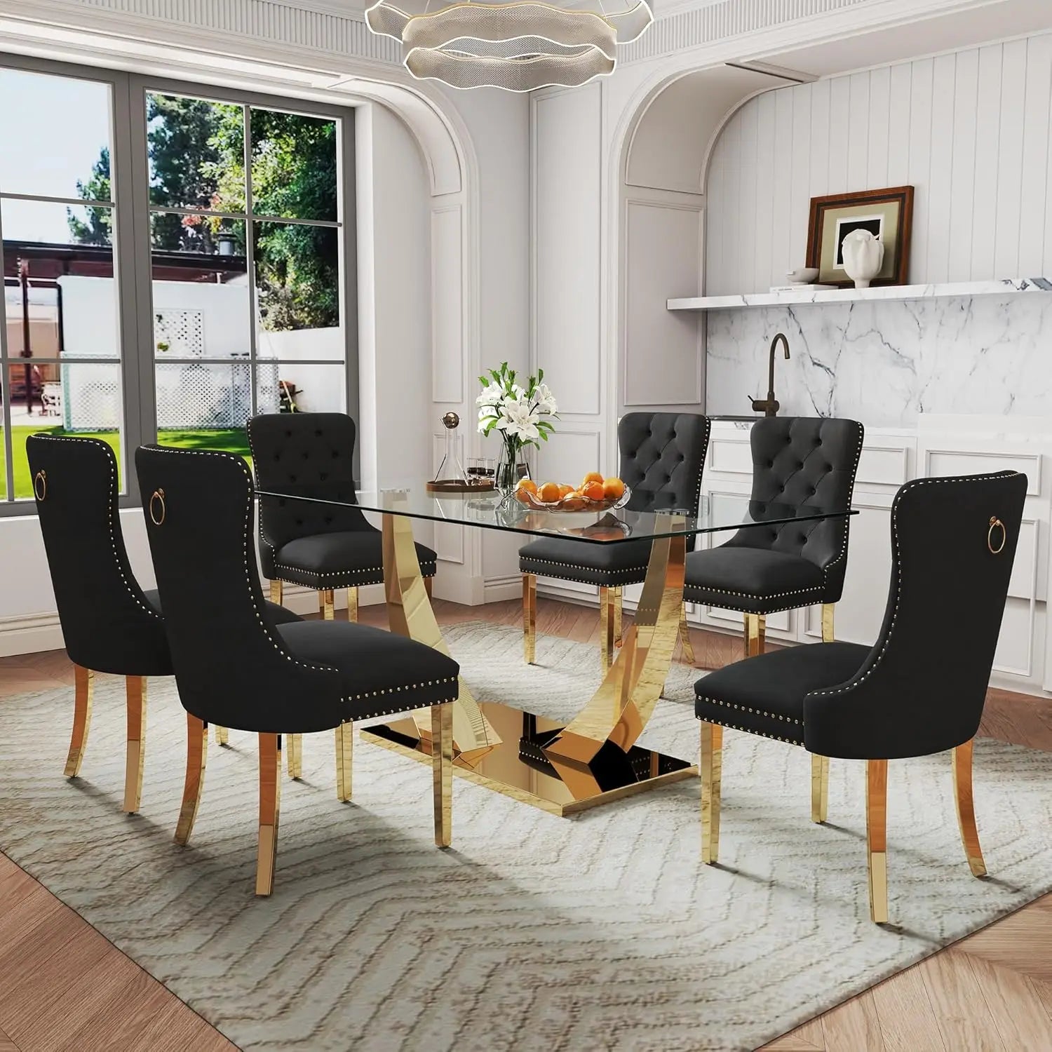 63" Gold Rectangular Glass Kitchen Table with 6 Beige High Back Chairs