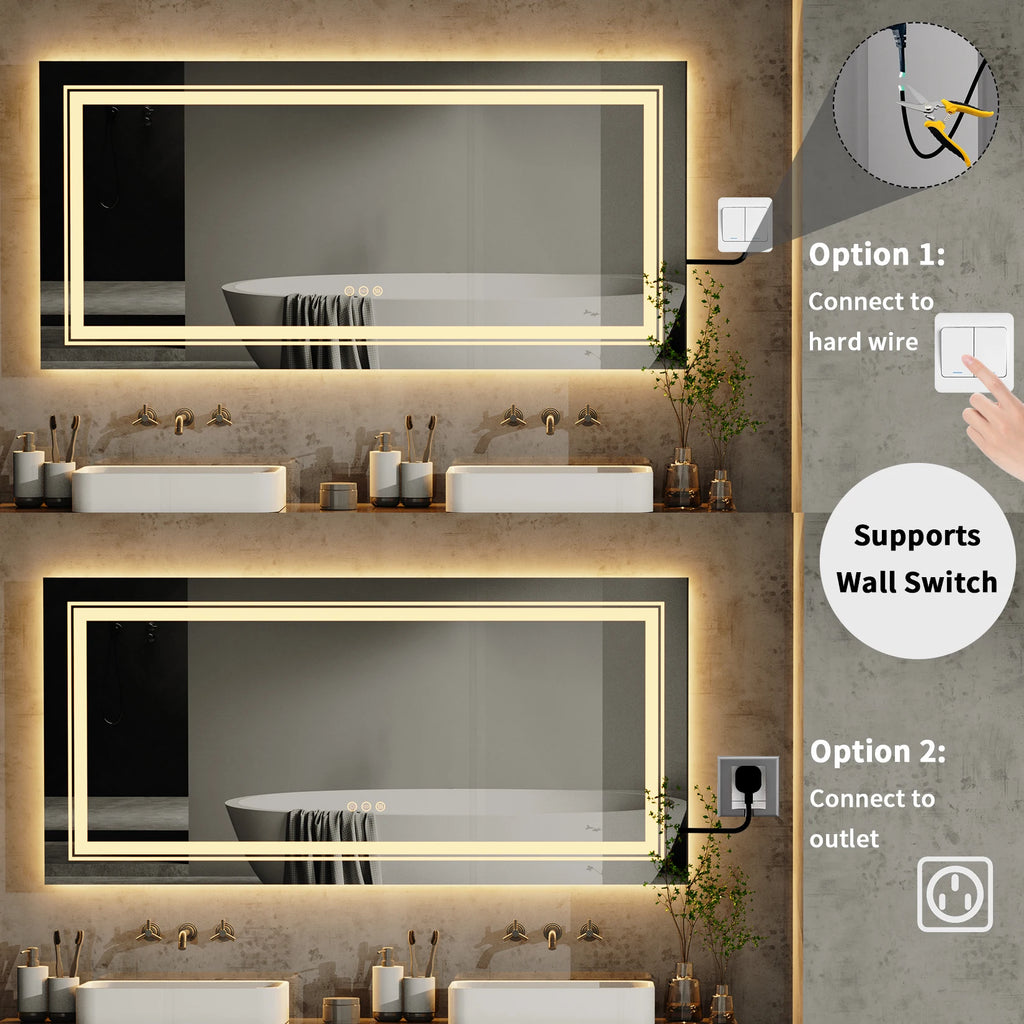 48"X24" LED Bathroom Mirror with Lights, Anti-Fog, Dimmable, Backlit + Front Lit, Lighted Bathroom Vanity Mirror