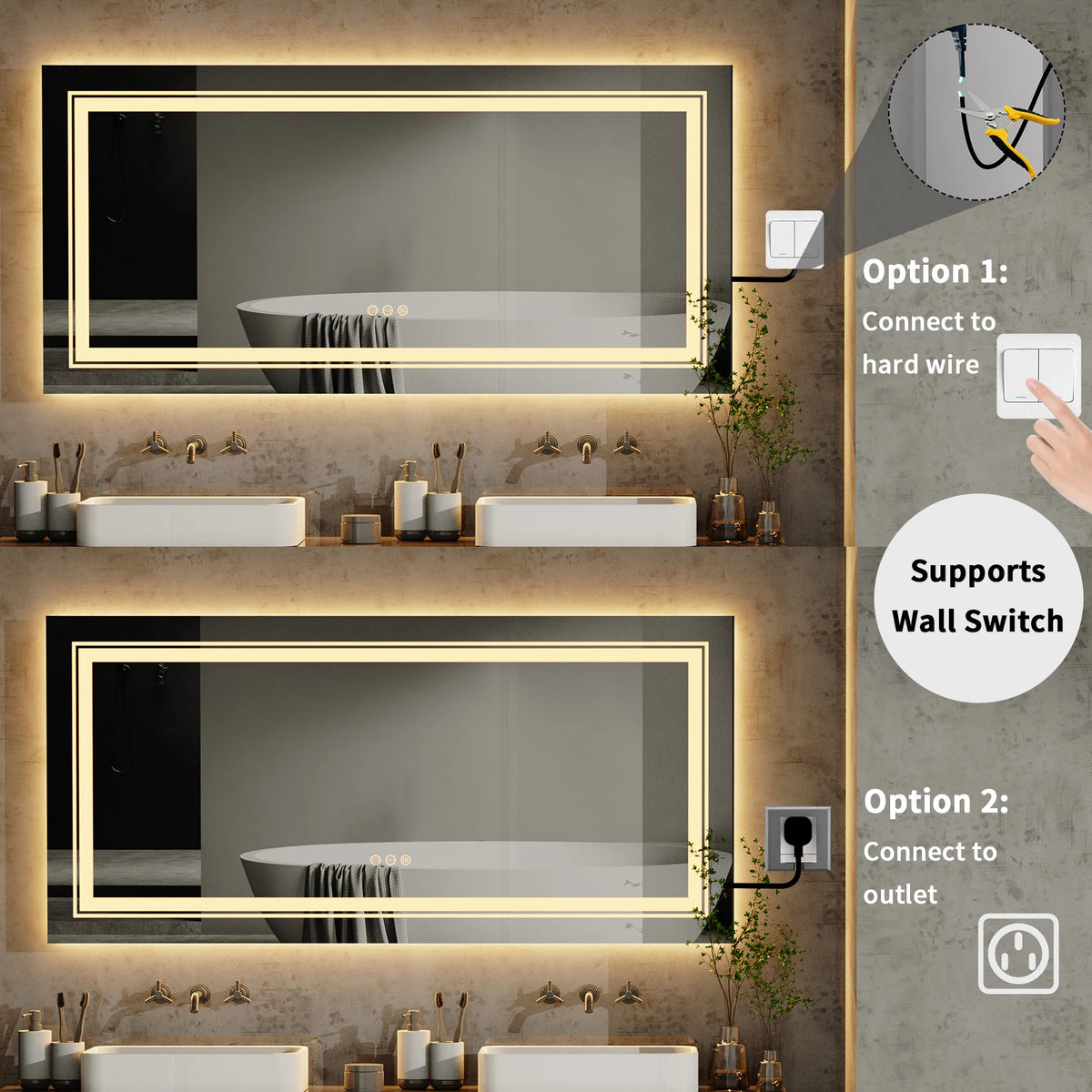 48"X24" LED Bathroom Mirror with Lights, Anti-Fog, Dimmable, Backlit + Front Lit, Lighted Bathroom Vanity Mirror