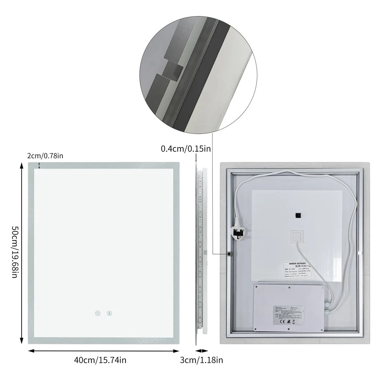 Wall Mirror w Anti-fog, Dual buttons, Memory, Tri-color light, Touch Dimmable