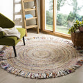 Handmade Boho Fringe Jute & Cotton Area Rug - 5' Round, Ivory & Light Beige, Ideal for High Traffic Living Room and Bedroom