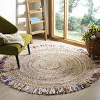 Handmade Boho Fringe Jute & Cotton Area Rug - 5' Round, Ivory & Light Beige, Ideal for High Traffic Living Room and Bedroom