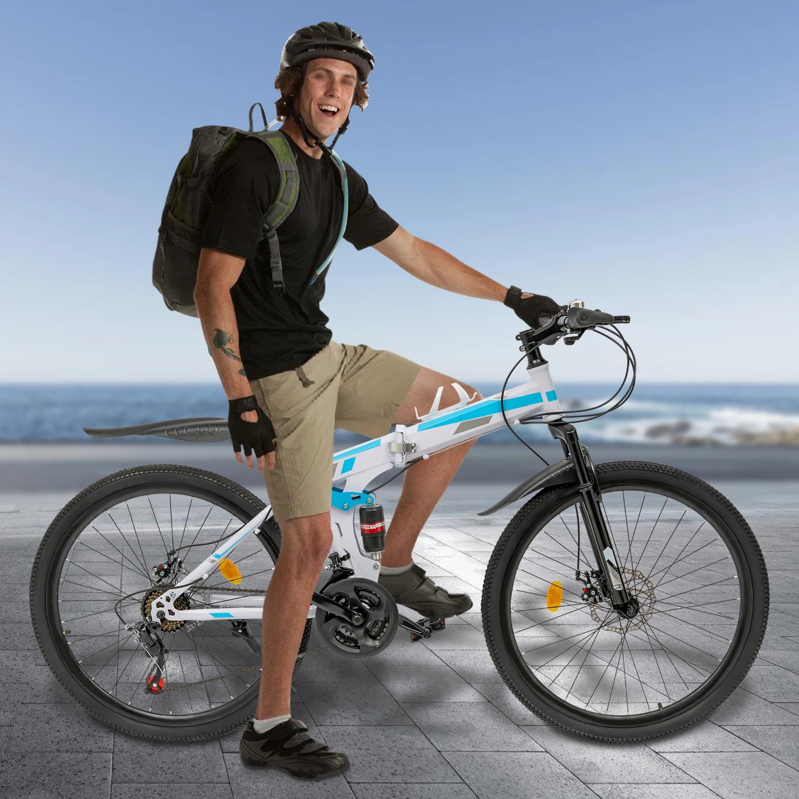 26 Inch Folding Mountain Bike 21-Speed High-carbon Steel MTB with Dual Disc Brake System Adult Mountain Bicycle Height Adjustable for Men Women,