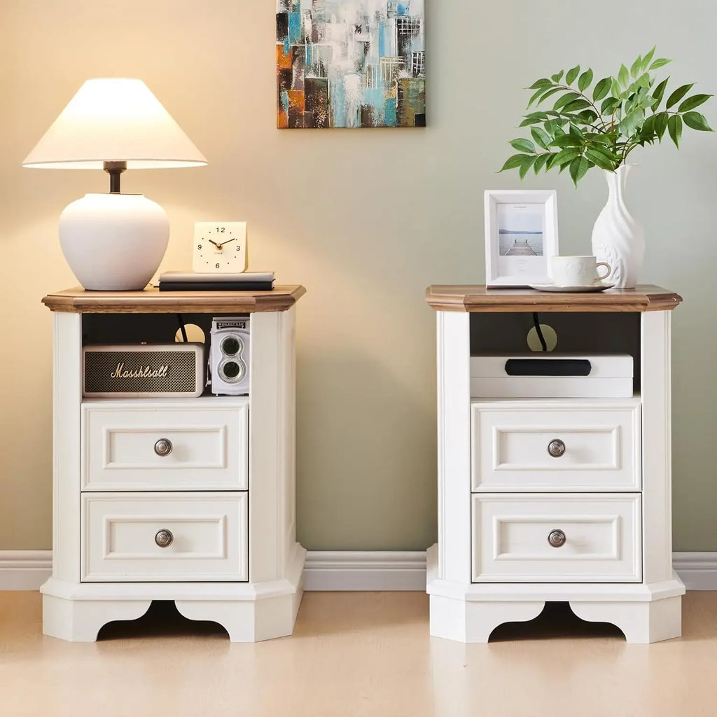 Farmhouse Nightstand Set of 2 with Charging Station, 18" End Table with 2 Drawers