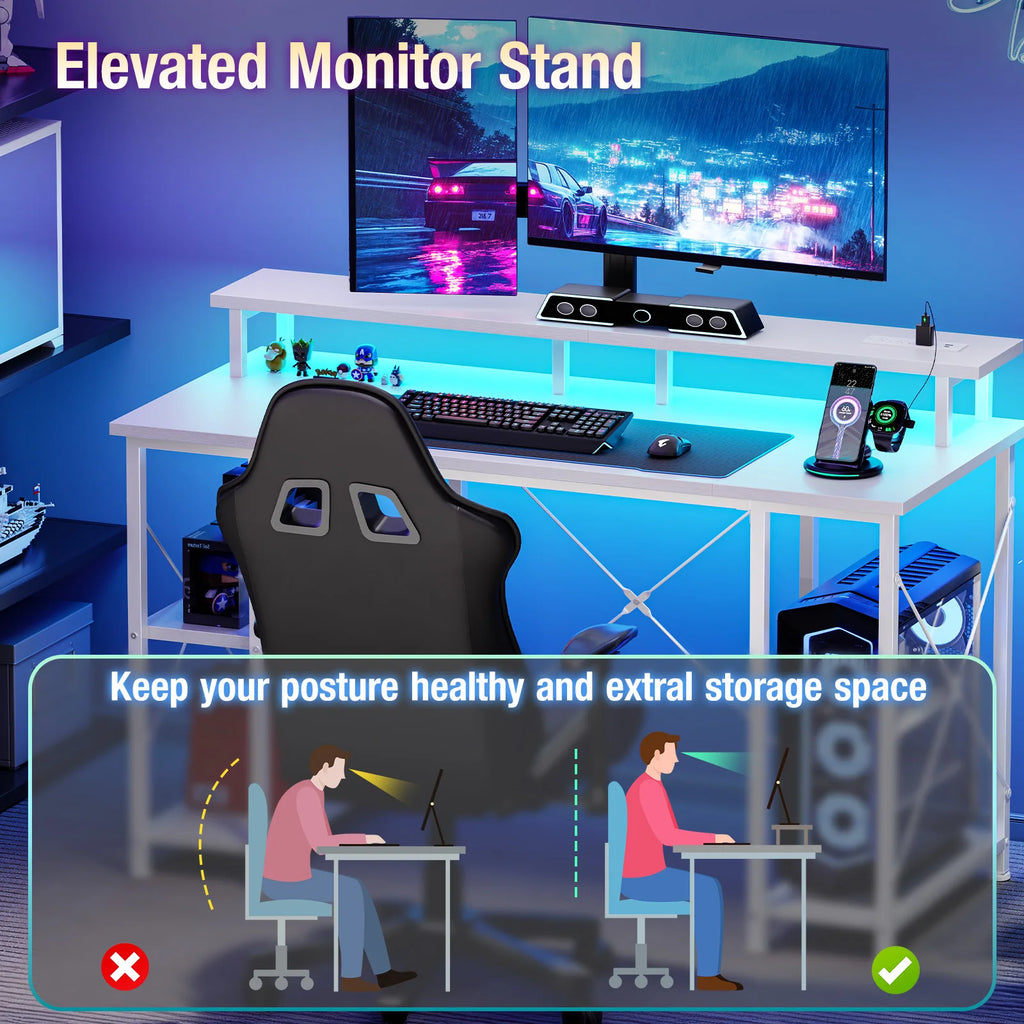 48 Inch Computer Desk with with Shelves Storage Drawers LED Lights Power Outlets Gaming Desk