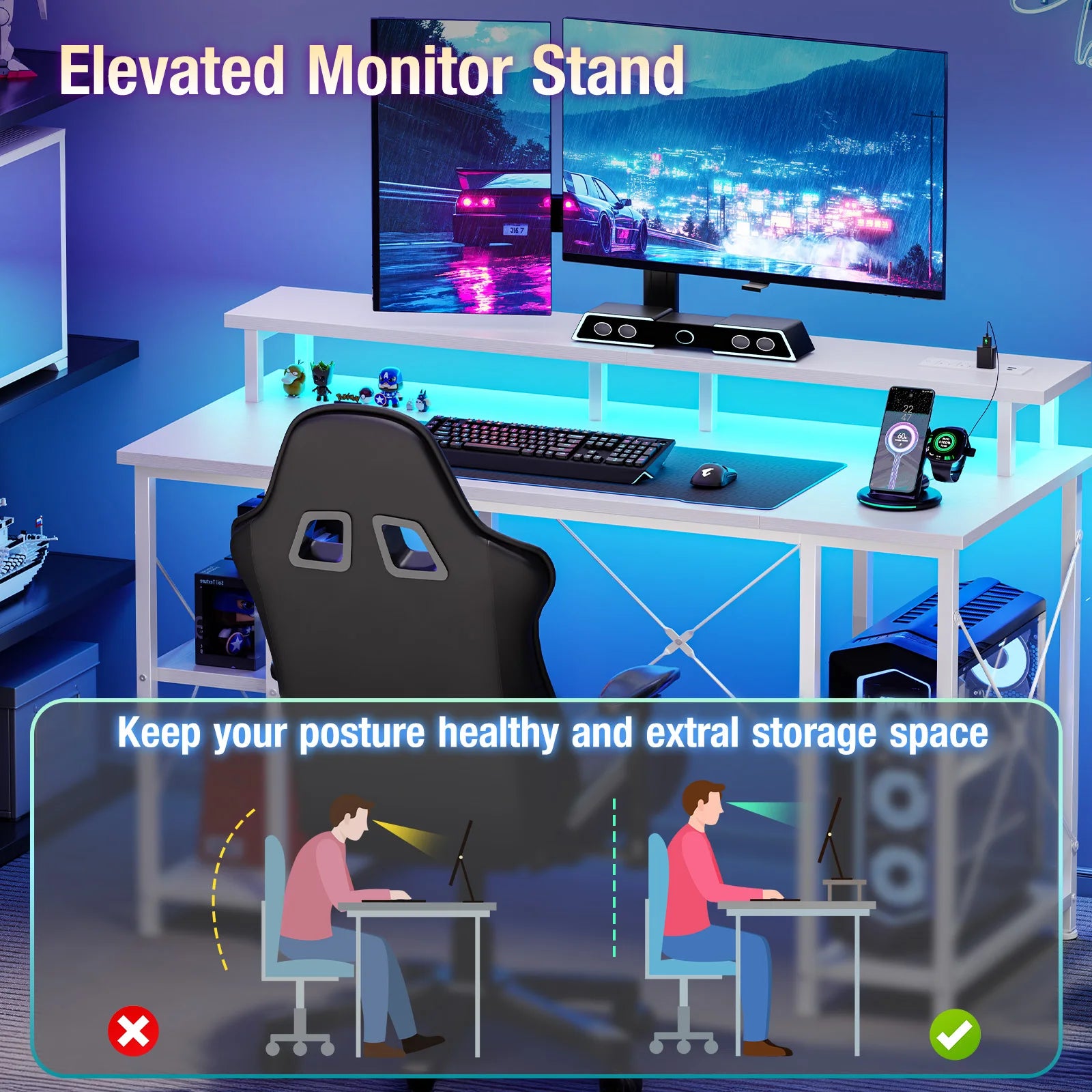 48 Inch Computer Desk with with Shelves Storage Drawers LED Lights Power Outlets Gaming Desk