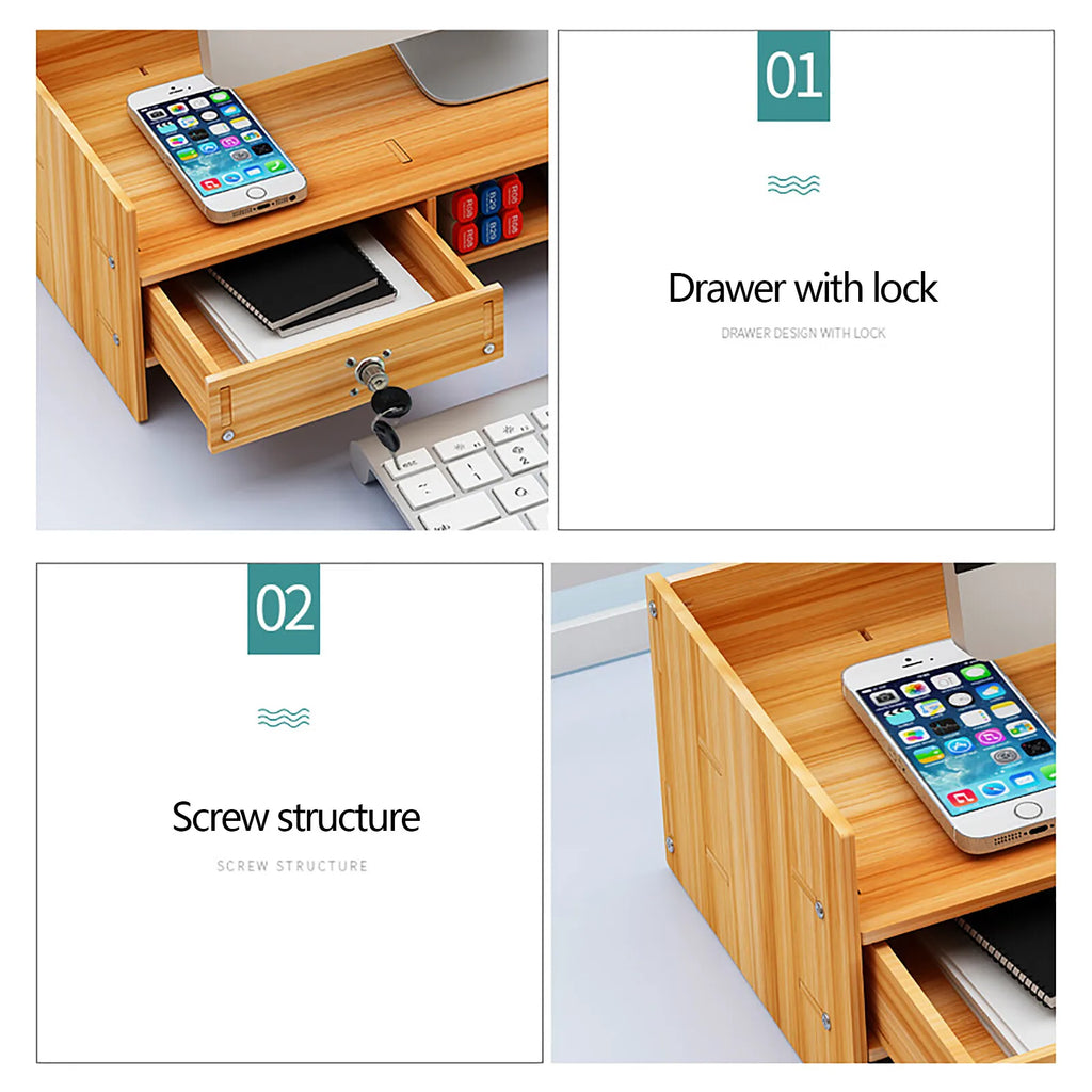 Wooden Desk Organizer Home Office Monitor Stand Riser with Lockable Drawer and Cable Management
