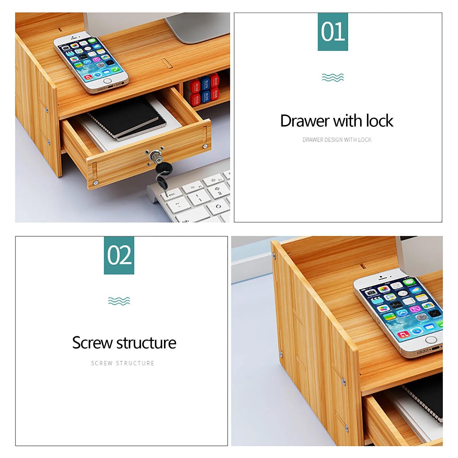 Wooden Desk Organizer Home Office Monitor Stand Riser with Lockable Drawer and Cable Management
