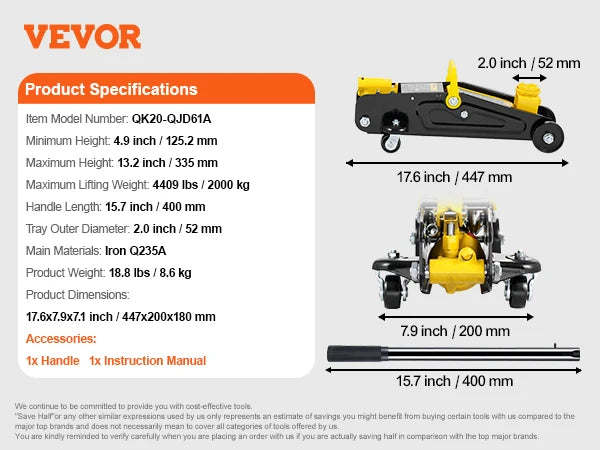2 Ton Low Profile Heavy Duty Hydraulic Racing Floor Jack
