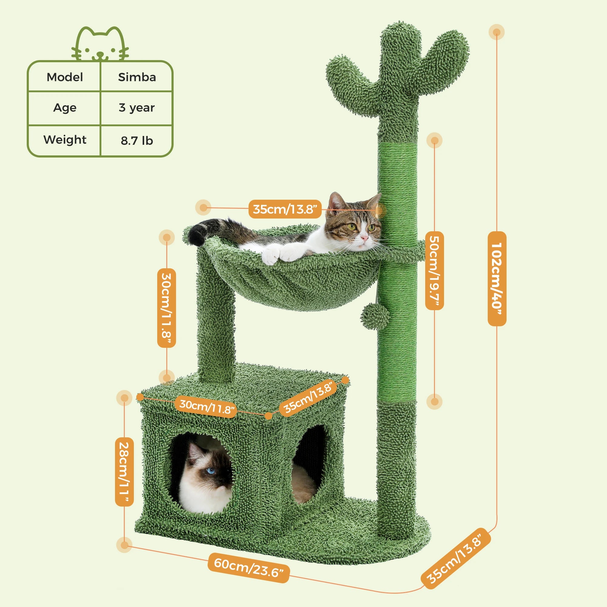 Cactus Cat Tree with Large Condo, Hammock, Dangling Ball, Scratching Post for Indoor