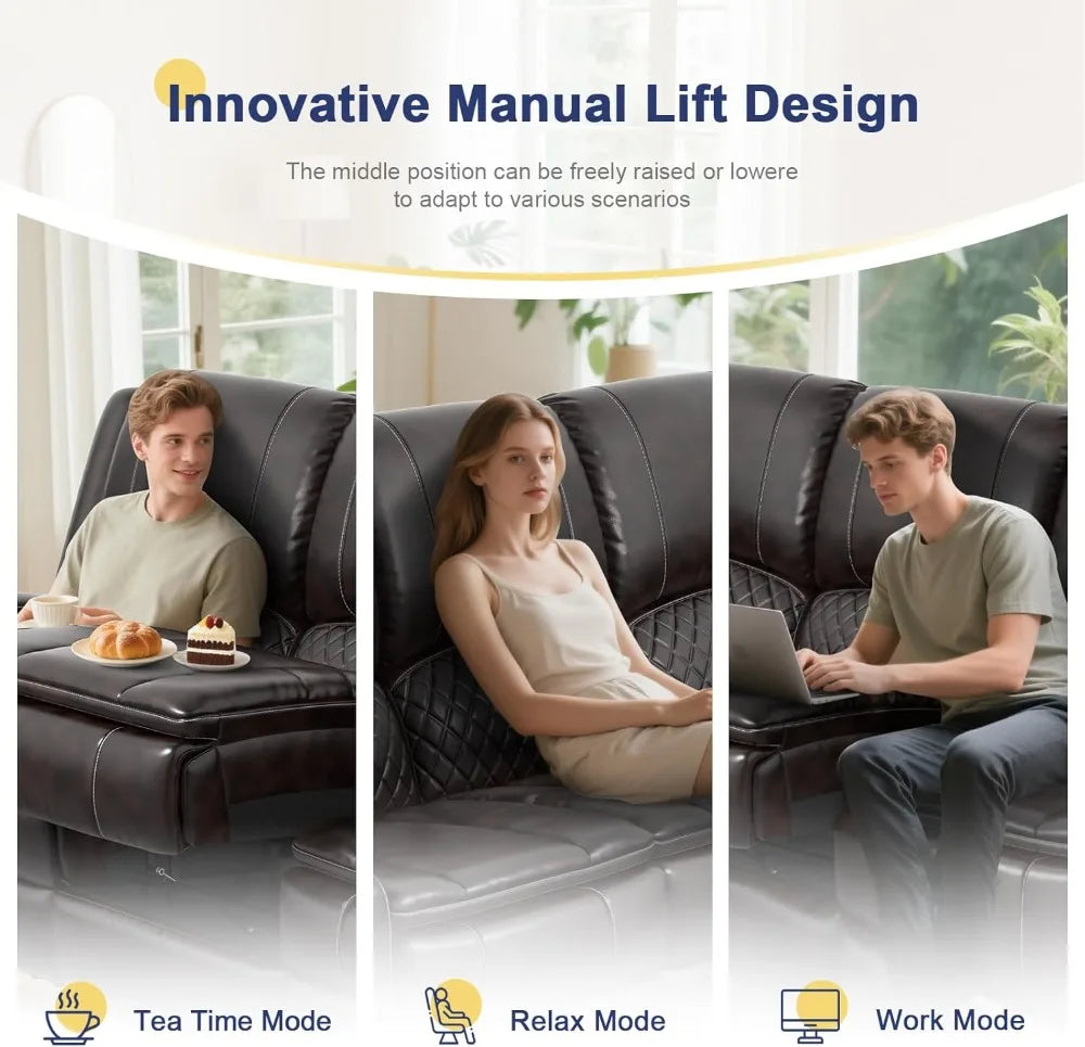 3 Seater Recliner Sofa with Liftable Console, USB Ports & Cup Holders