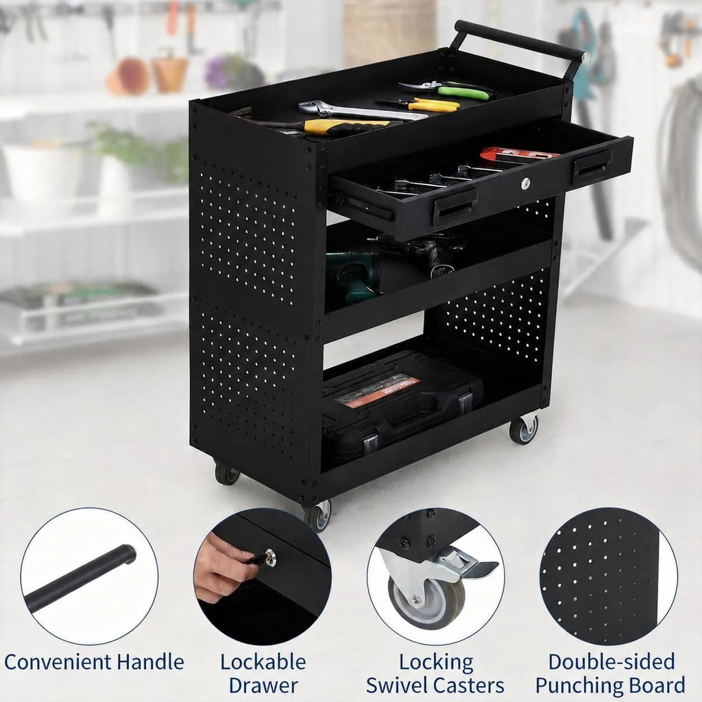 27 Inch Rolling Tool Cart, 3 Tier Steel Utility Cabinet with Drawer, Mobile Storage Organizer with Locking Casters for Garage Workshop Office, Black