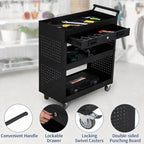 27 Inch Rolling Tool Cart, 3 Tier Steel Utility Cabinet with Drawer, Mobile Storage Organizer with Locking Casters for Garage Workshop Office, Black