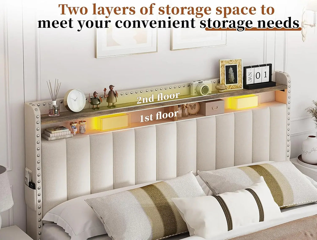 Upholstered King Bed Frame and headboard with 2-Tier Shelves, 4 Drawers