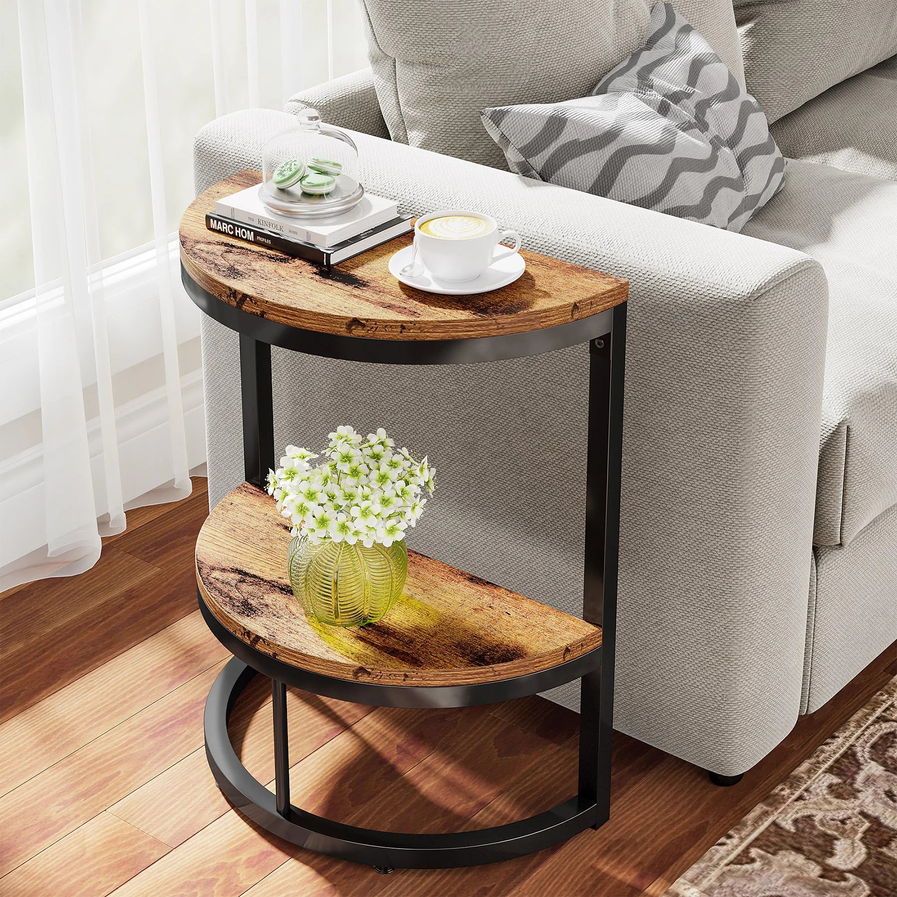 Small Half Round Side Table with Storage Shelf, Accent Table Slim
