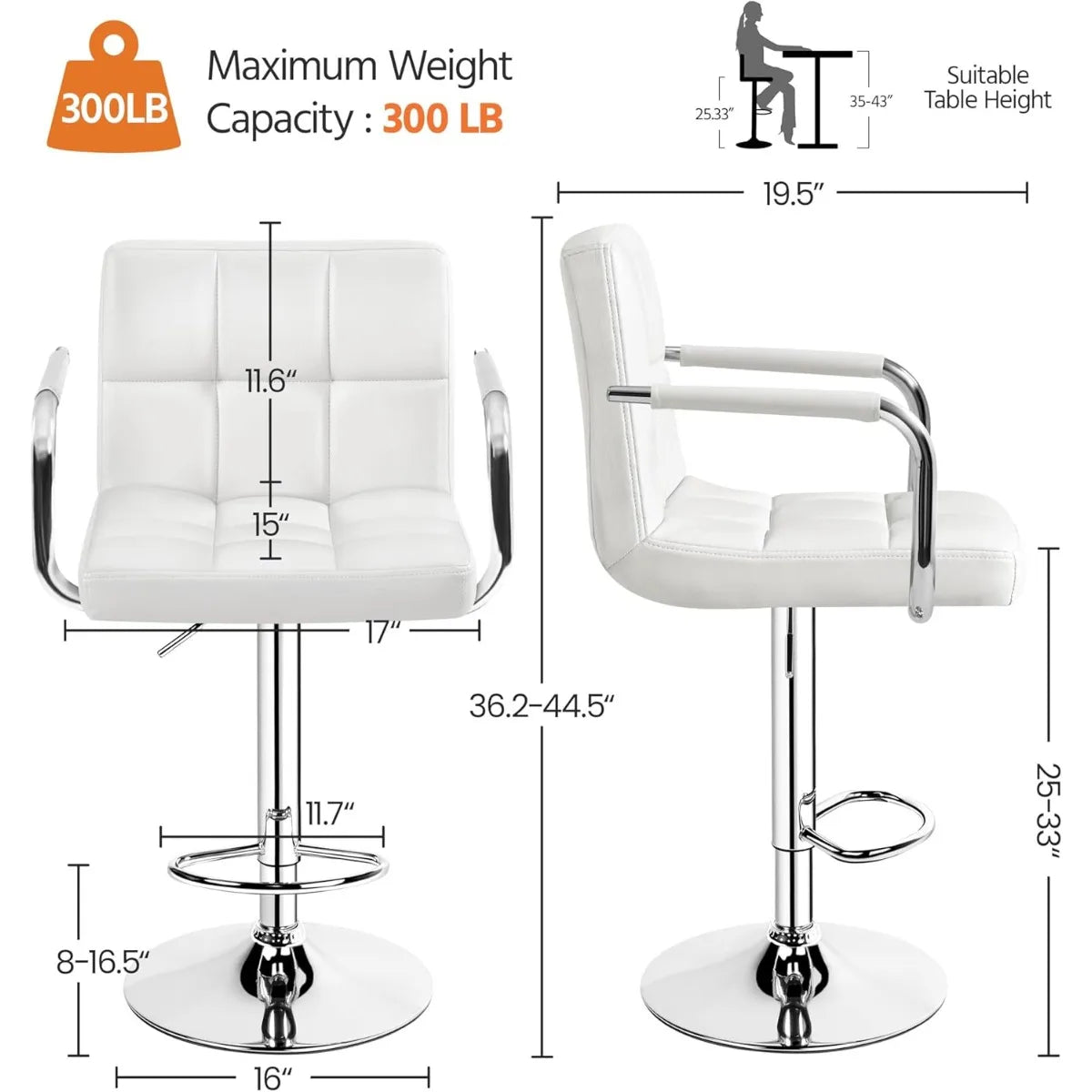 Adjustable Swivel Bar Stools Set of 2, Hydraulic Counter Height with Armrest & Back, PU Leather for Kitchen & Bar