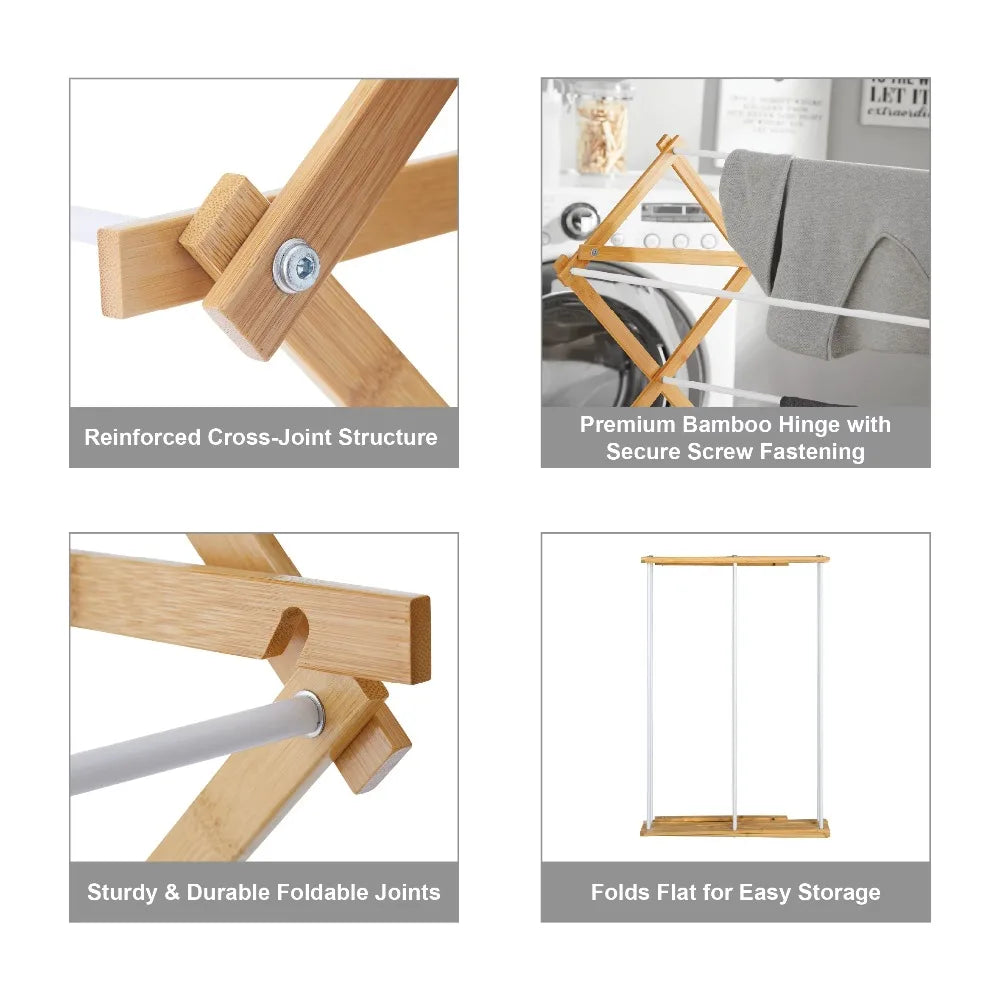 Foldable Bamboo Clothes Drying Rack Collapsible Space Saving Indoor Outdoor
