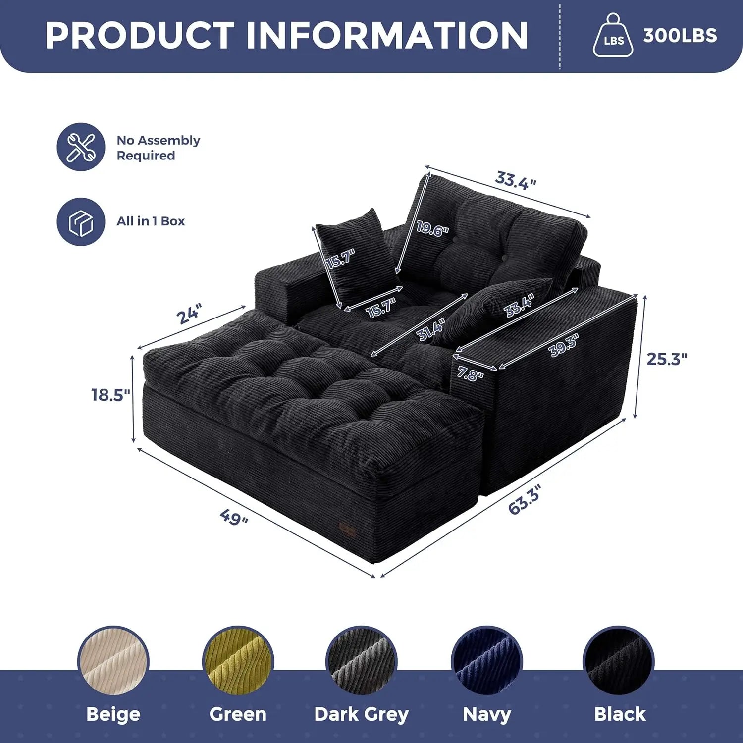 Upholstered Lounge Chair with 3 Pillows, Tufted Boneless Sofa Couch with Ottoman