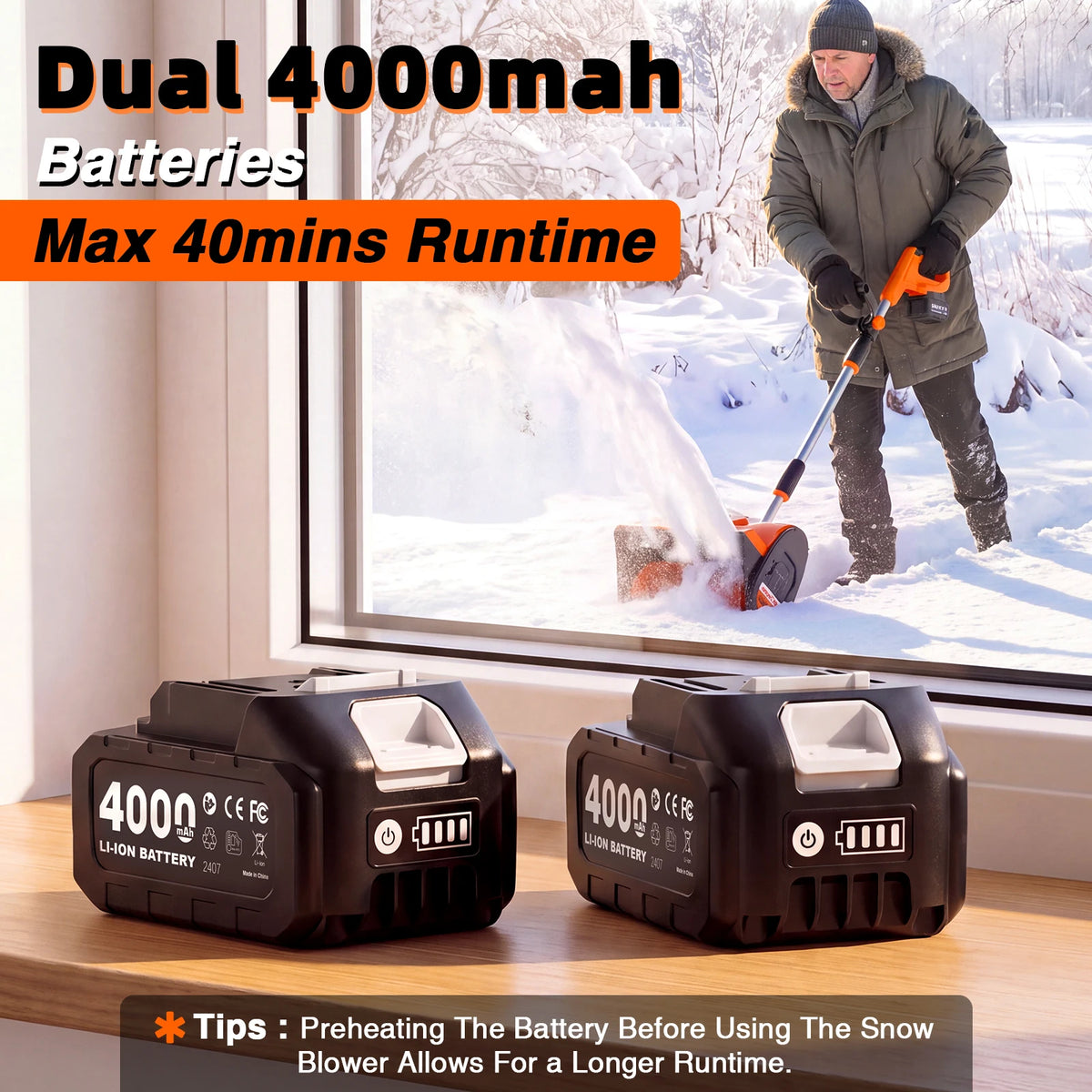 Electric Snow Shovel 900W Brushed Motor 20V Cordless Snow Blower 2*4000mAh Rechargeable Battery Powered Handheld Snow Thrower