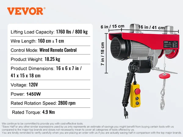 200-800kg Electric Hoist with Wired/Wireless Remote Control Lifting Crane Cable Hoist