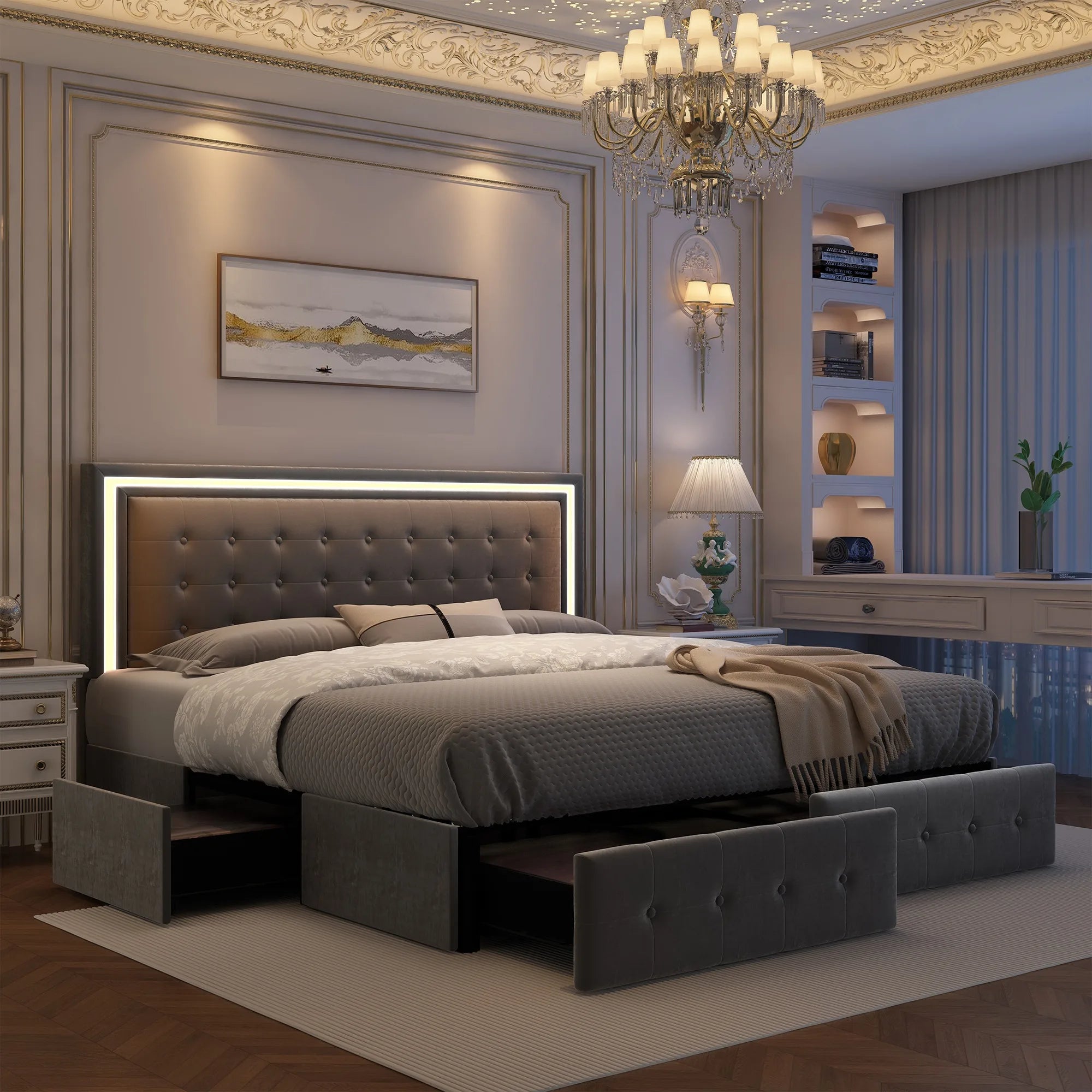 Queen LED Bed Frame with 4 Storage Drawers, RGBW Headboard, PU Upholstered, No Box Spring Needed, 900 lbs Support