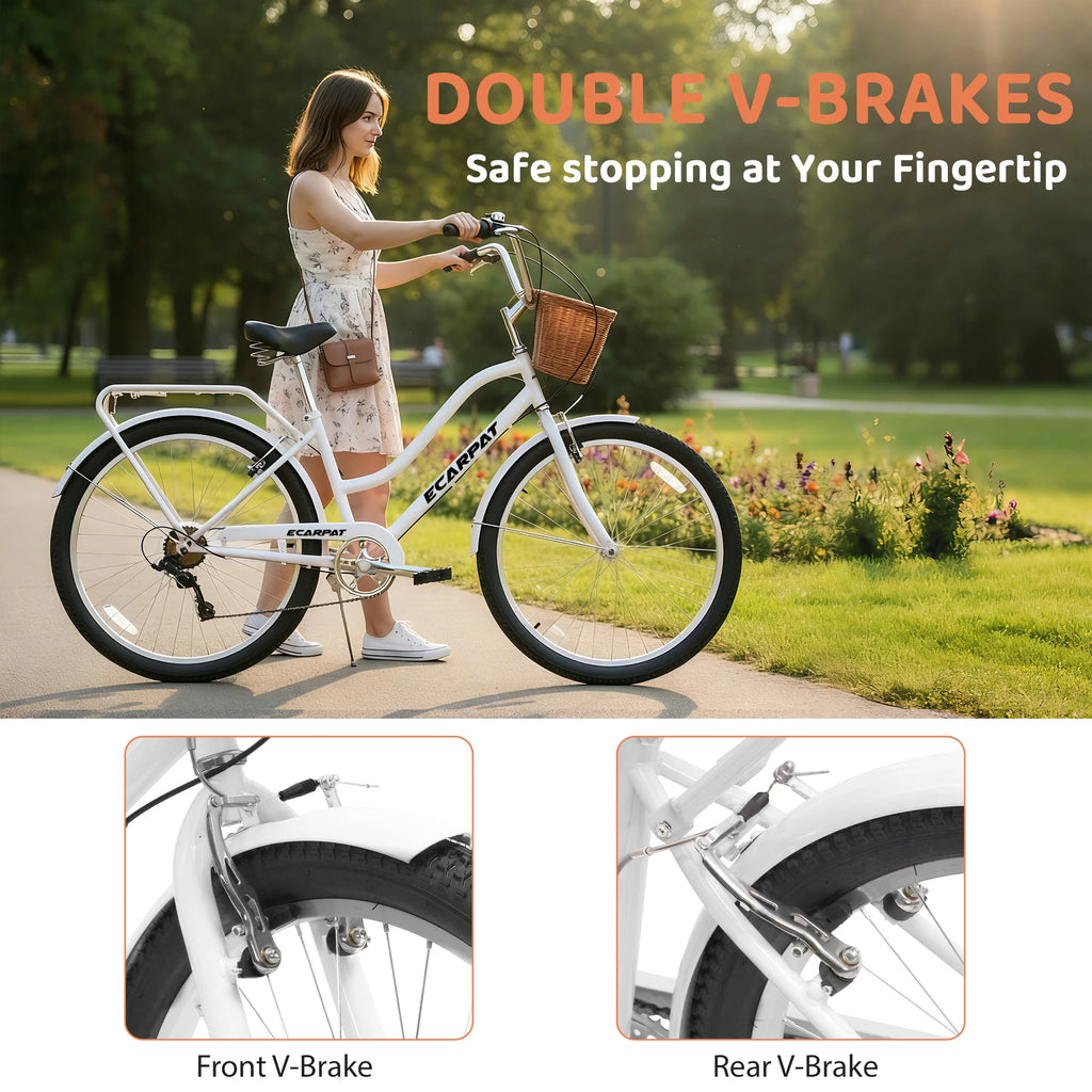 26 Inch Beach Cruiser Bike for Women, 7 Speed Commuter Bicycle with Rear Rack and Basket, Steel Frame Comfortable City Bike with Dual V-Brakes for Adults