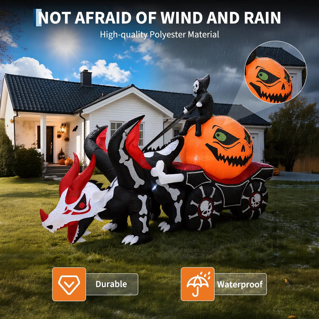 12ft Grim Reaper Dragon Carriage Halloween Inflatable With 3 Led Lights, Outdoor Yard Decoration For Lawn Porch Garden Party Display
