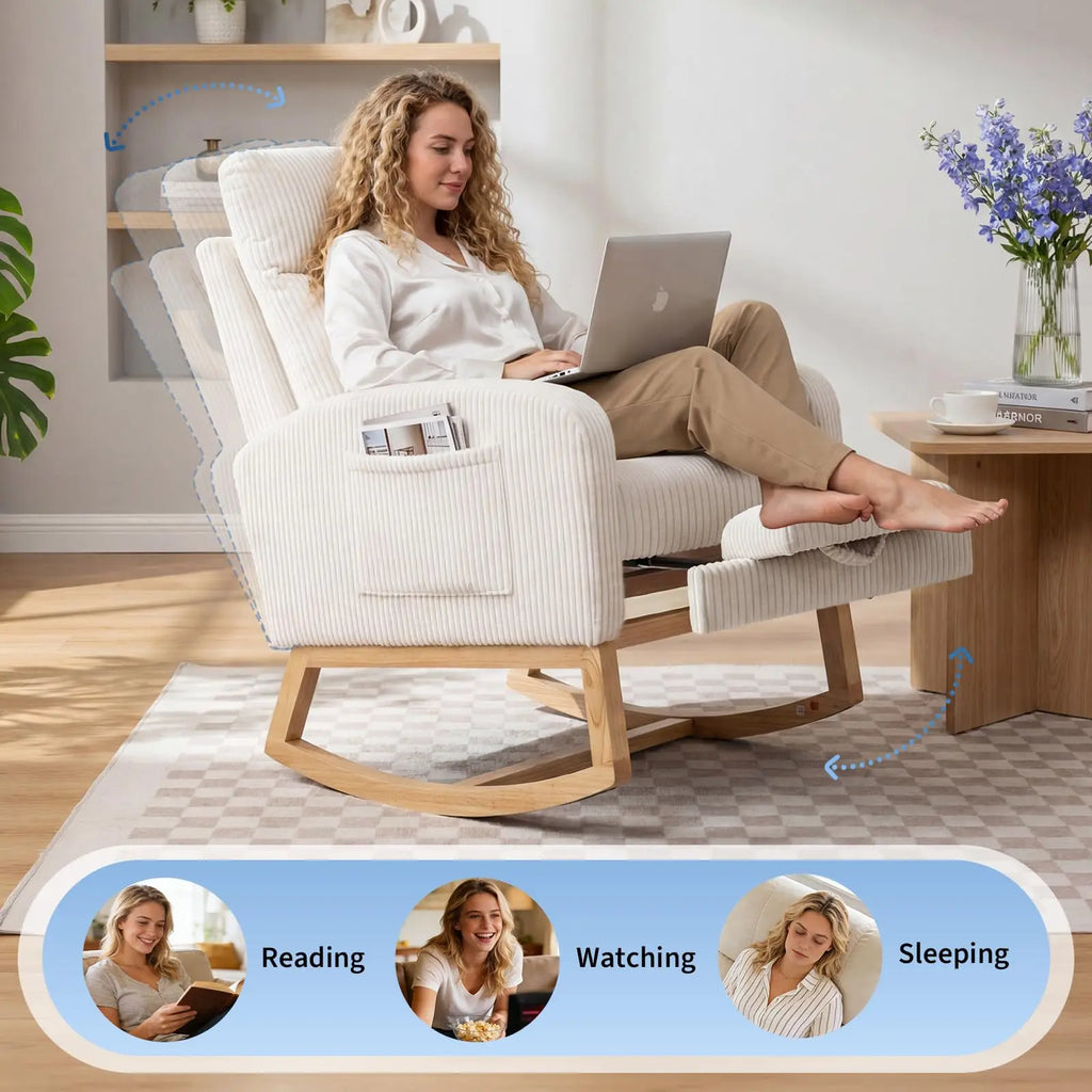 Corduroy Nursery Rocking Chair, Tufted Glider Rocker with Adjustable Footrest & Side Pocket